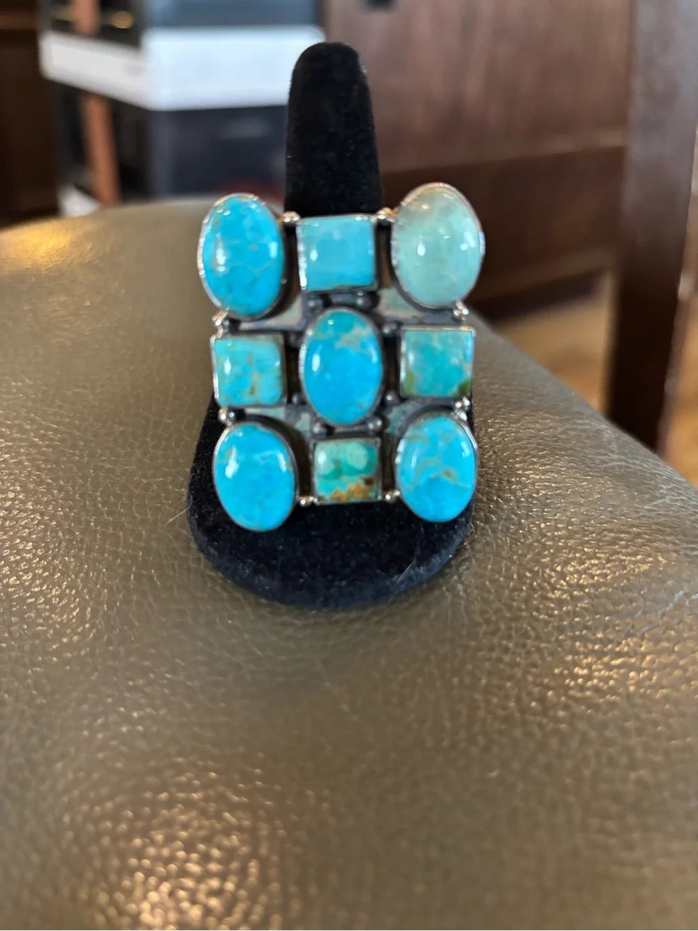 Large Sterling Silver Kingman Turquoise Cluster Statement Ring - Blue